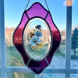 Vintage “Sun-Lites by Lyford” Stained Glass Suncatcher – Purple Floral, 10”x7”